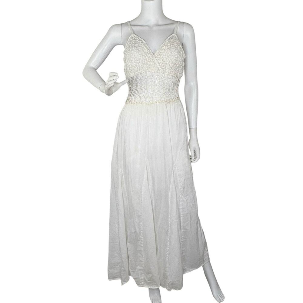 Y2K Maxi Dress Crochet Babydoll Smocked Beach Boho Fairy Ethereal White Size L